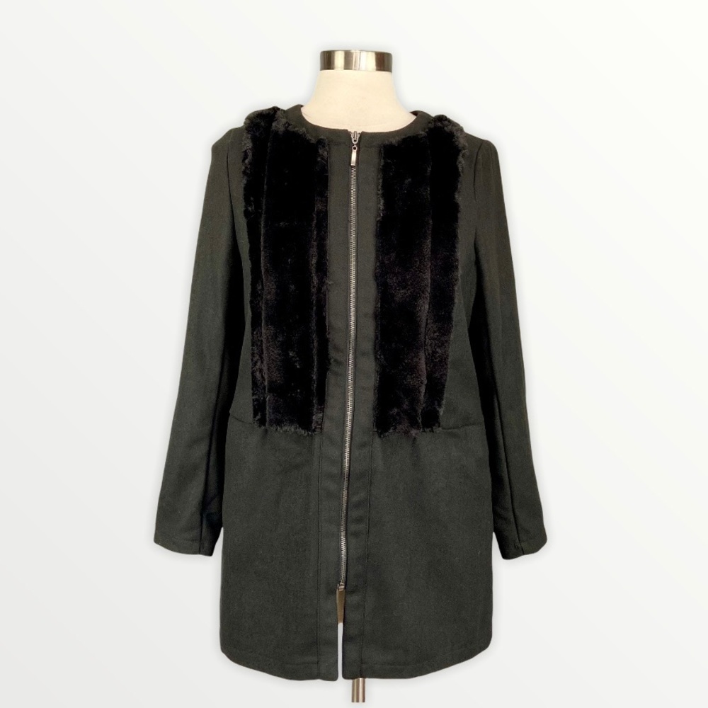 Carmin NEW Womens Black Full Zip Jacket Faux Fur Trim Dressy Pockets size Small